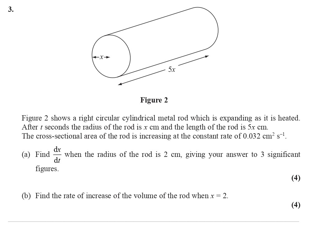 Figure-2-shows-a-right-circular-cylindrical-metal-rod-which-is-expanding-as-it-is-heated-Edexcel-A-Level Maths Pure-Question 5-2008-Paper 7.png